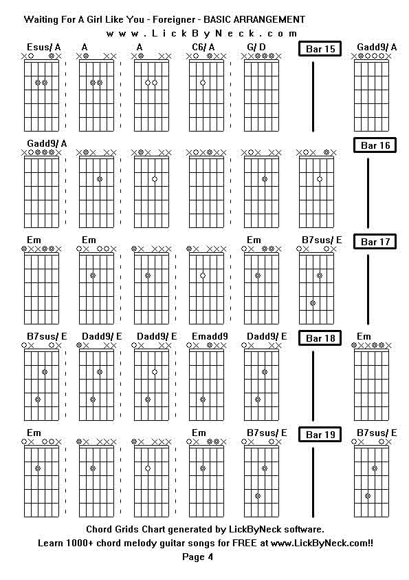 Chord Grids Chart of chord melody fingerstyle guitar song-Waiting For A Girl Like You - Foreigner - BASIC ARRANGEMENT,generated by LickByNeck software.